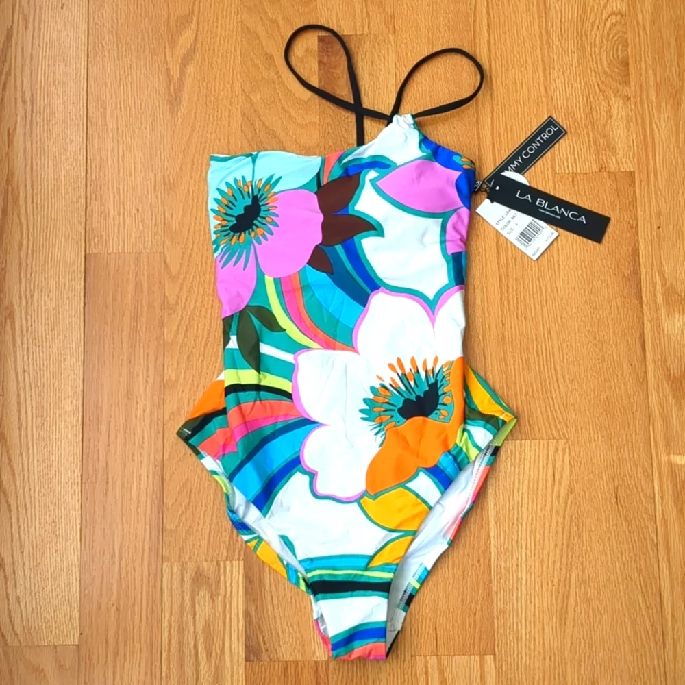 La Blanca Suncatcher One-Shoulder Lace-Up Back One-Piece Floral Multi Size 6 - Picture 6 of 13